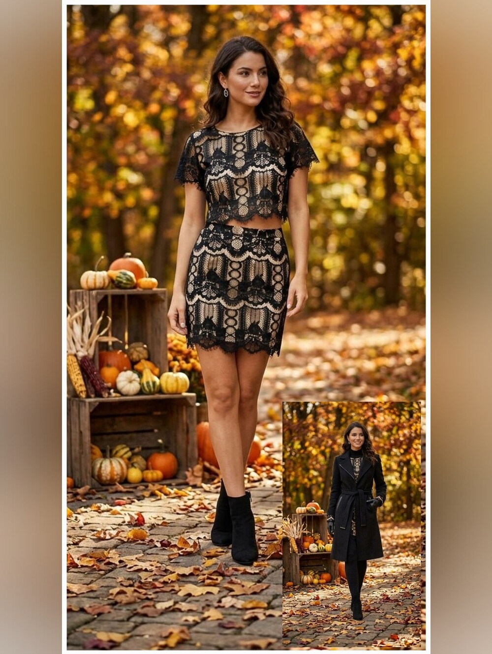 Outfit - Elegant Black Lace Crop Top and Skirt Set - size XS